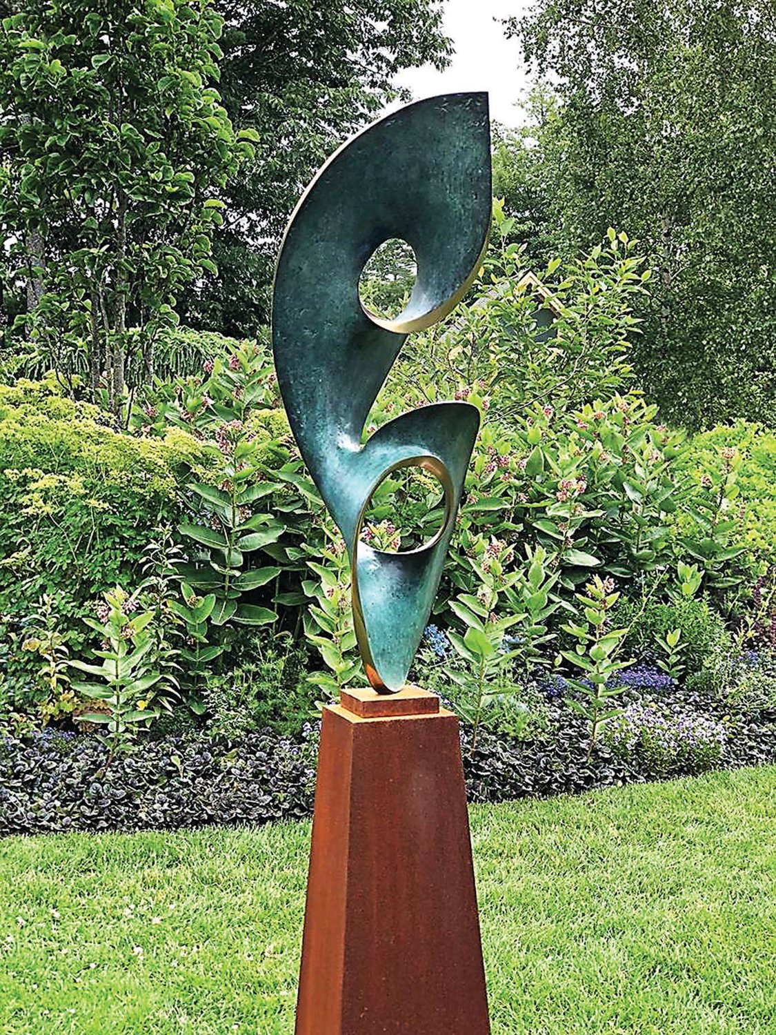 A sculpture by Mark Pettegrow, one of three on view now at the Coastal Maine Botanical Gardens.