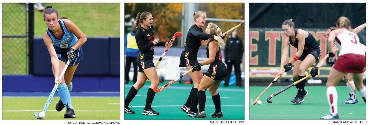 Central Bucks West product Bryn Boylan, left, won a national championship with the North Carolina Tar Heels in 2018. Boylan’s teammate at West, Taylor Mason, middle photograph, center, and Central Bucks East’s Riley Donnelly, right, took home silver as members of the Maryland Terrapins.