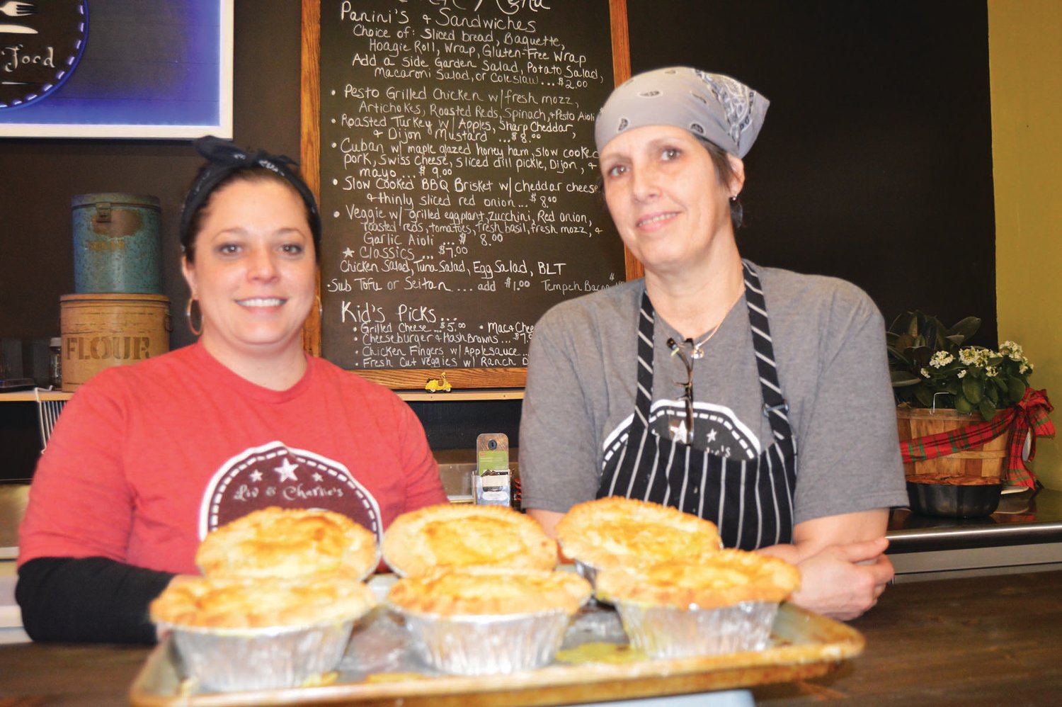 On Thursdays there are chicken pot pies at Liv & Charlie’s Real Food, owned by Nicole DiLanzo, left, and Eileen Hawk. Photograph by Susan S. Yeske