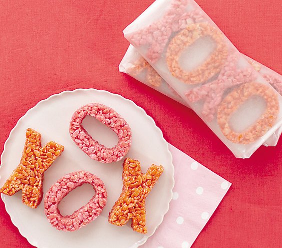 Crisped rice treats cut into XO shapes are a Valentine treat that anyone can make. Photograph from realsimple.com.