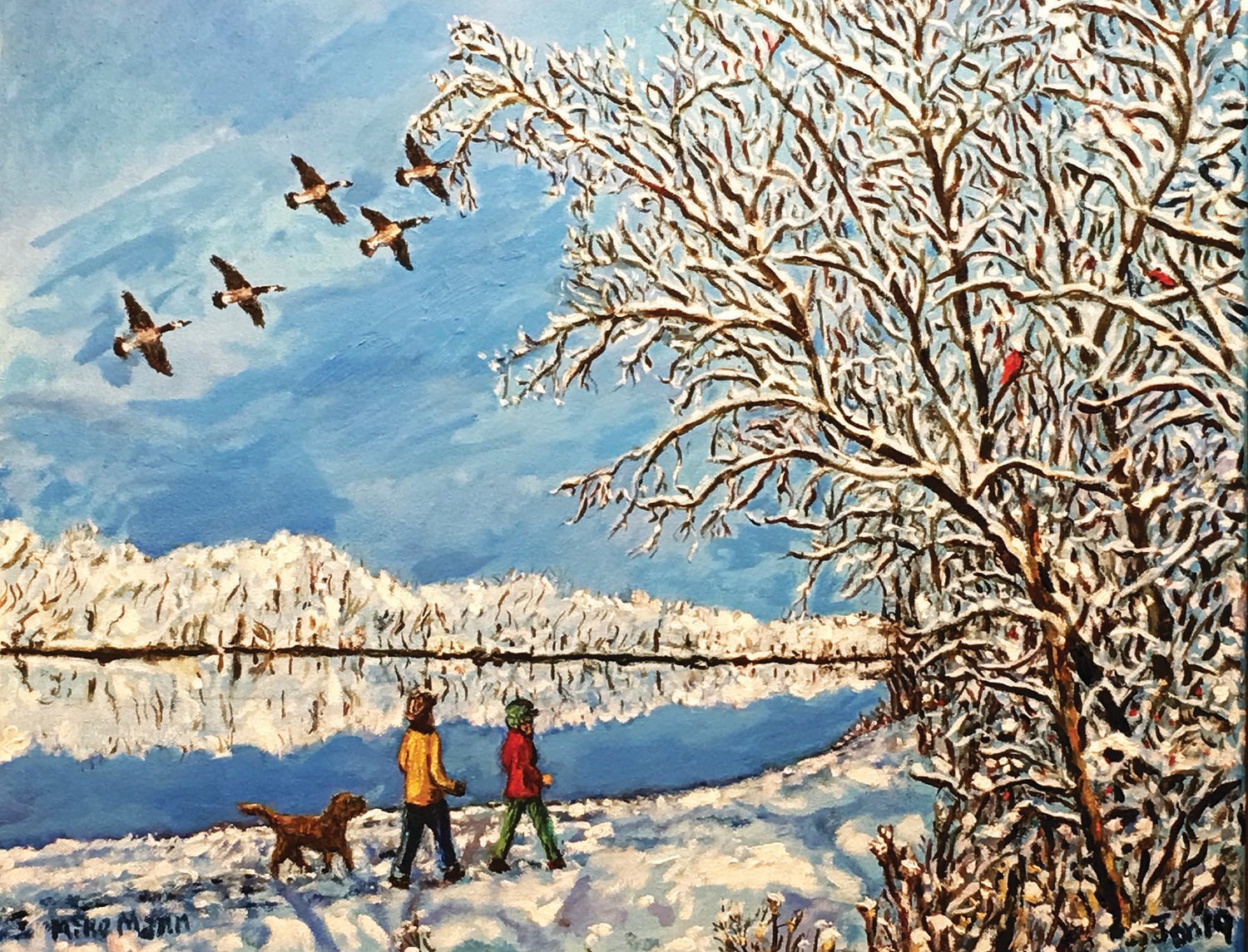 “Winter Riverwalk,” an oil on canvas, is by artist Mike Mann.