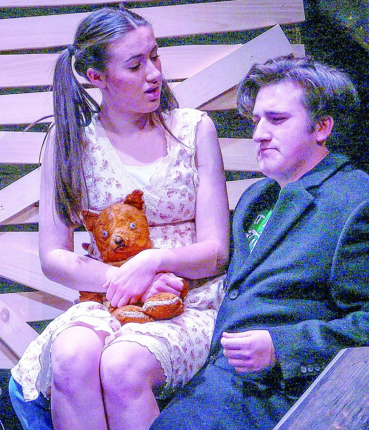 A street urchin played by Keilah Hanley exchanges views with a police officer, portrayed by Will Pearce in Delaware Valley High School’s production of “Urinetown,” which will be presented Feb. 28 to March 2.