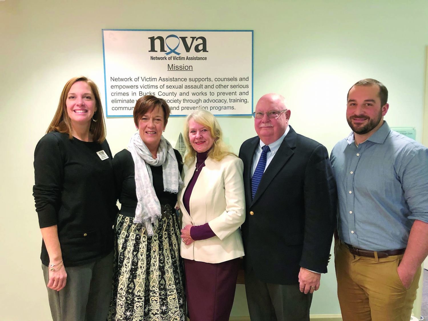 Network of Victim Assistance (NOVA), an organization that assists victims of sexual assault and other serious crimes in Bucks County, was the recipient of a grant from the Robert and Elaine Fitt Family Fund of the Philadelphia Foundation. The grant was presented at NOVA’s headquarters in Jamison. From left are: Mandy Mundy, senior director of programs and services; Penny Ettinger, executive director; Elaine Fitt and Robert Fitt, and Steve Doerner, director of the Bucks County Children’s Advocacy Center. Photograph courtesy of NOVA.
