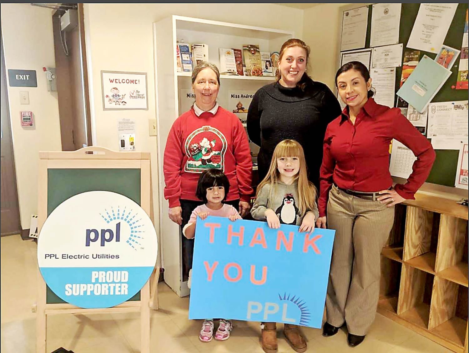From left are: Betsy Nilsen from Children’s Developmental Program in Upper Bucks, Marissa Christie from United Way of Bucks County, Carol Obando-Derstine from PPL Electric Utilities and two of the students from the school.