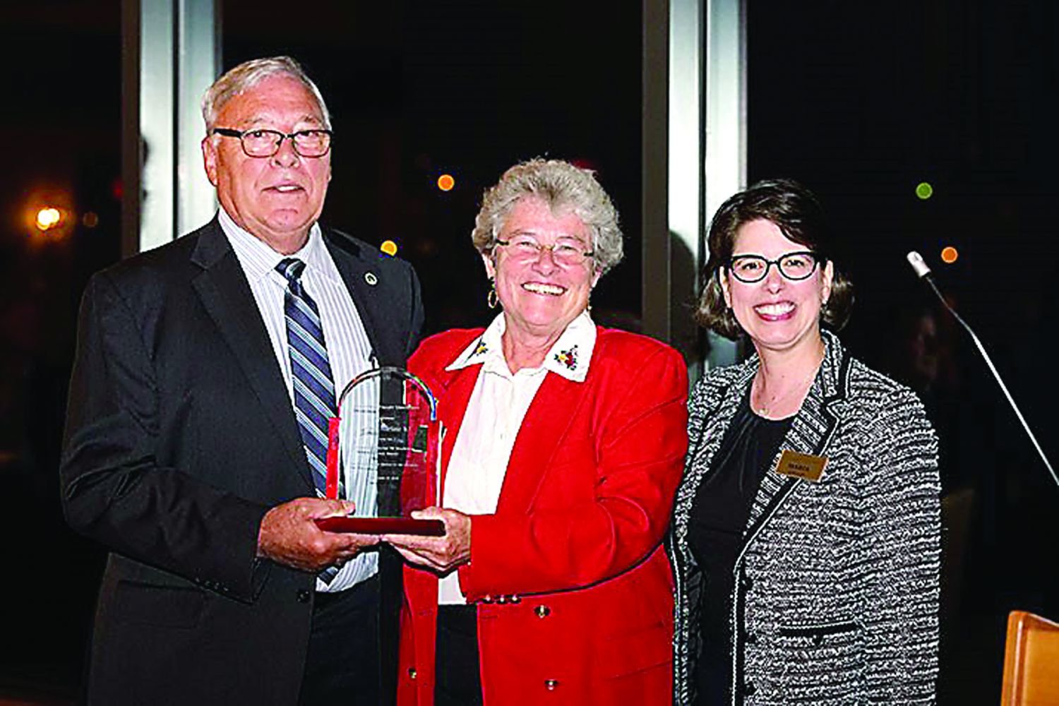 Jim Harteis, Class of 1965, with Patricia C. Hilton, Class of 1976, center, and DelVal President Dr. Maria Gallo, right. Harteis received the Patricia C. Hilton Volunteer Service Award at the university’s 1896 Society Dinner. Photograph courtesy of Delaware Valley University.