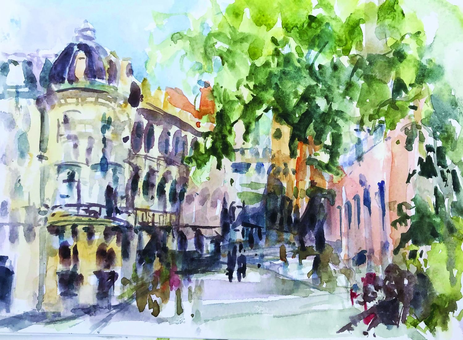 Anne Kullaf’s plein air watercolor sketch of Toulouse, France.