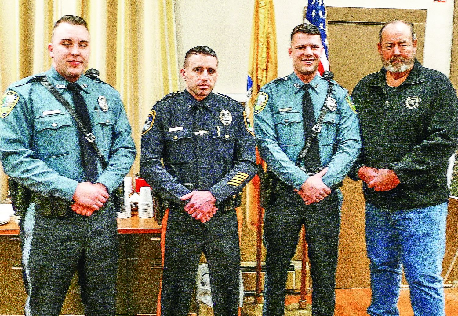 The Frenchtown Police Department has been filled out. The March 6 council meeting was attended by, from left, new-hire Erik Eccles; High Bridge Police Chief Brett Bartman, who is helping to train the new officers; another new-hire Michael Cristadoro; and Frenchtown Police Chief Al Kurylka, who is off-duty following knee surgery.