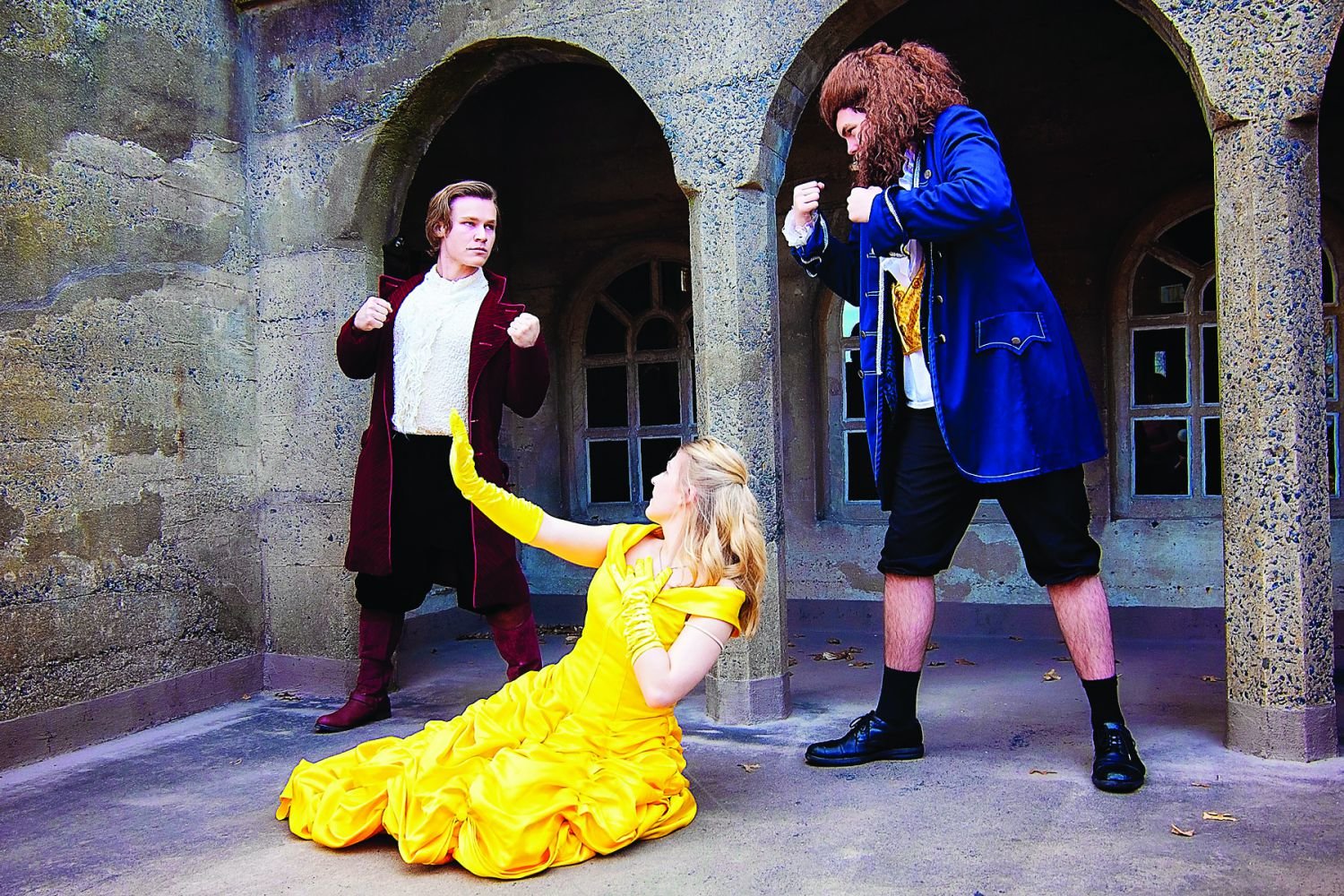 Luke Nitschke as Gaston, Taylor Mitchell as Belle and Grant Nalty as Beast star in “Beauty and the Beast” at CB West. Photograph by Jessica Briggs Photography.