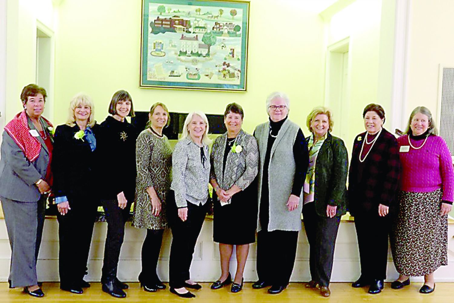 Past honorees of the Women’s History Month Awards attended the 2019 meeting. From left are   Francine Block, Kathleen Horwatt, Constance Basktek-Karasow, Maggie Leigh Groff, Peggy Dator, Jane Grim, this year’s honoree, Tam St. Claire, Cynthia M. Rufe, Nancy Morrill and Marne Kies Dietterich. Missing is Joan Parlee. Photograph by Kathy Weidner, League of Women Voters.
