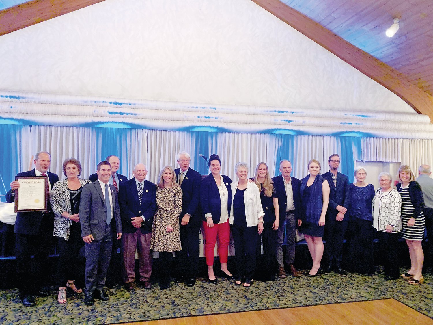 Honorees, inductees and those representing them gather at the Bucks County Chapter of the Pennsylvania Sports Hall of Fame induction ceremony April 11 at Brookside Manor in Feasterville. Photograph courtesy of Marybeth Freeman.