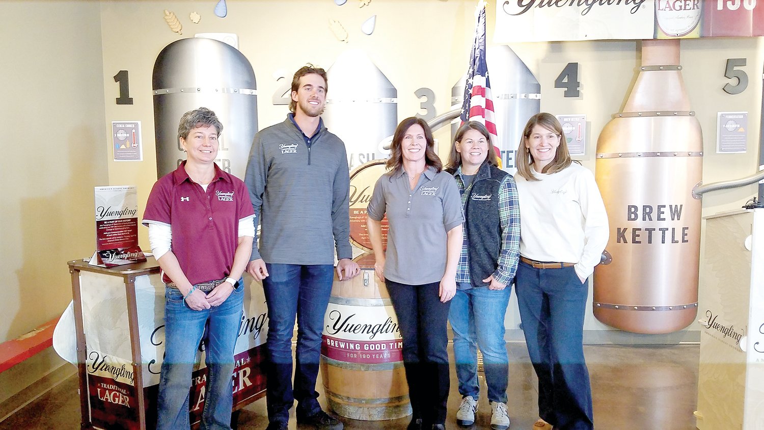 Yuengling’s sixth generation daughters welcomed Philadelphia Phillies Pitcher Aaron Nola as one of the first active Major League Baseball players as its newest brand ambassador at a media event held April 4 at the Pottsville-based brewery. From left are Jen Yuengling, Nola, Debbie, Sheryl and Wendy Yuengling.