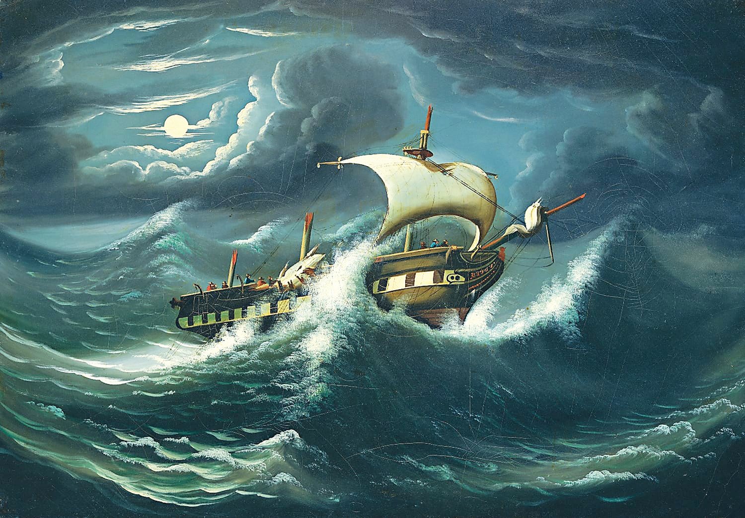 “Storm Tossed Frigate” is an oil painting by Thomas Chambers, part of “The Color of the Moon: Lunar Painting in American Art” at the Michener Art Museum.