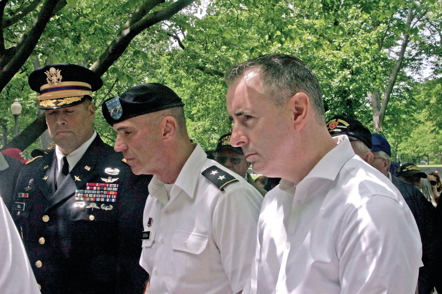 At the wreath laying ceremony are, from left, Col. Clair Gill, Maj. Gen. John Gronski and U.S. Rep. Brian Fitzpatrick.