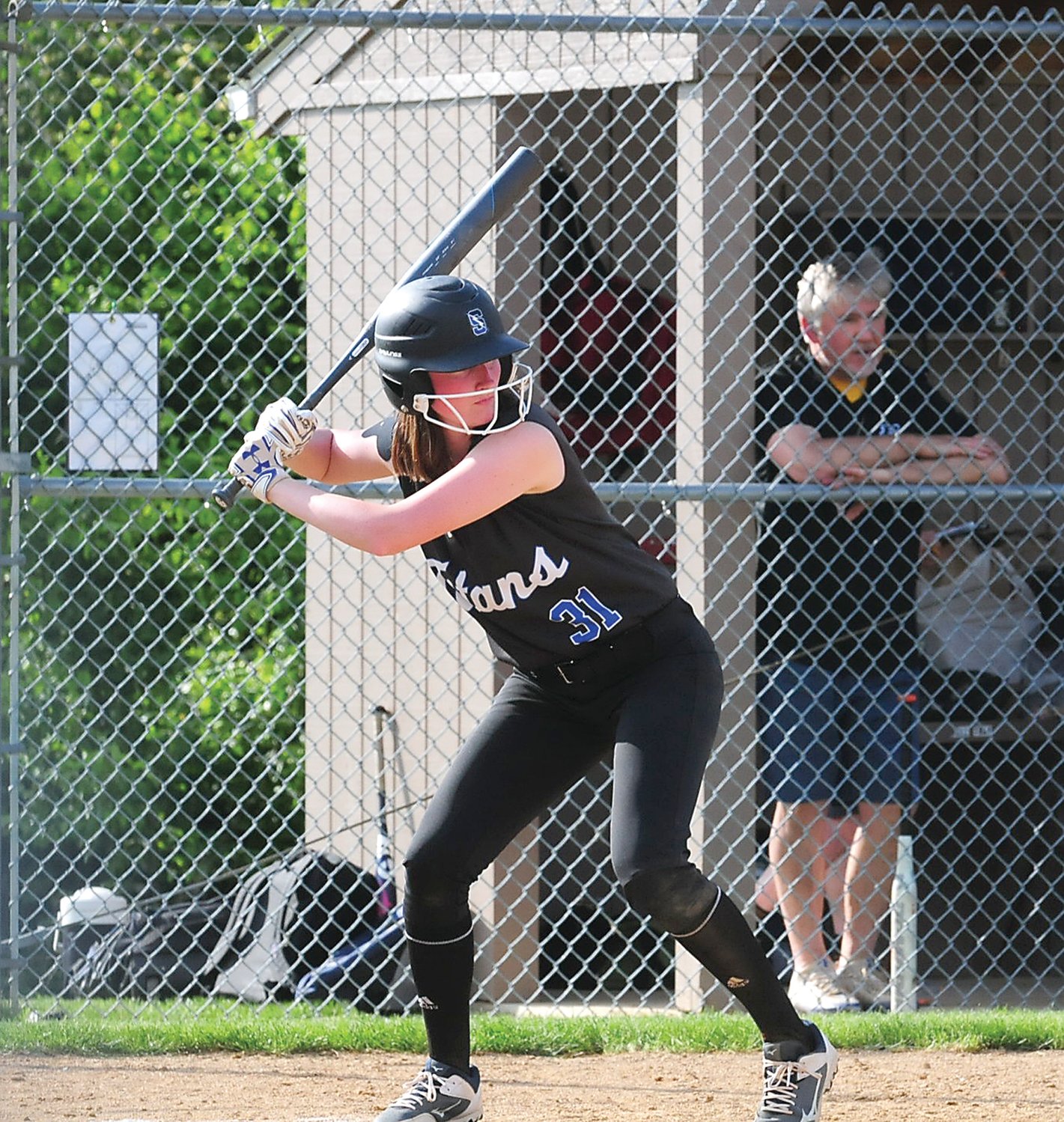 CB South junior Tara Tumasz hit a two-run single in the fourth inning to break Monday’s District One Class 6A softball playoff game open. The Titans went on to triumph over Pennridge, 8-2, to advance to round two. Photograph by Steve Sherman.