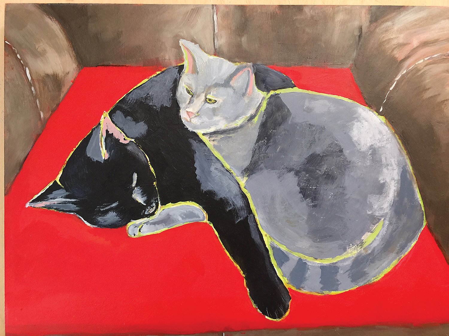 A cat painting by Karen Anderson Hartl is part of her show at Bucks on Bridge Coffee Shop and Art Gallery.