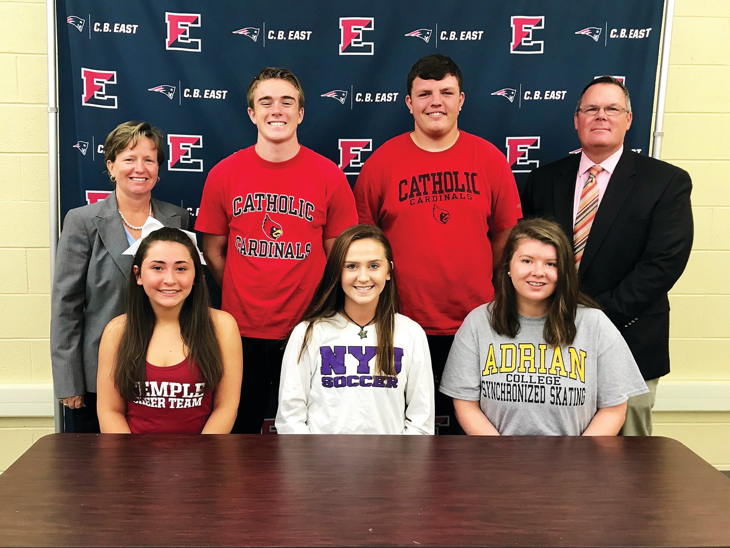 From left are: front row, Julia DeFonso, Julie Beedle, Jackie Devaney; back row, Principal Lori Gallagher-Landis, Evan O’Donnell, Nick Diehl and Dr. Luke Hadfield, house principal, Class of 2019.