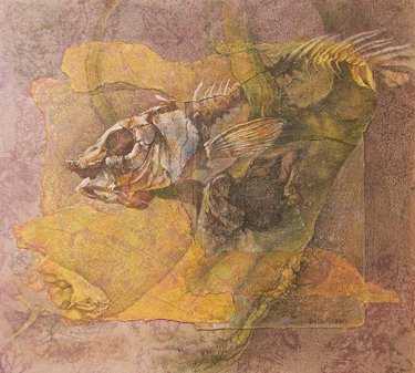 “Flying Fish” is a silverpoint drawing on mixed media collage by Betz Green.