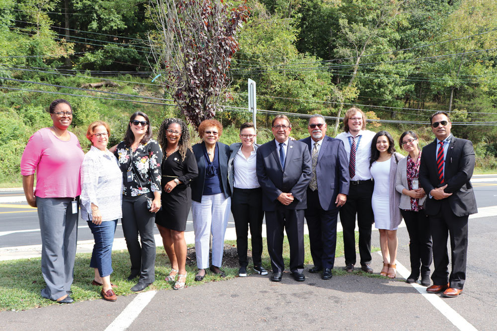 Officials gathered at the improved Route 29 roadway to celebrate completion of the safety improvement project. Mayor Julia Fahl is at the center. Sen. Shirley Turner is next to the mayor, fifth from left.