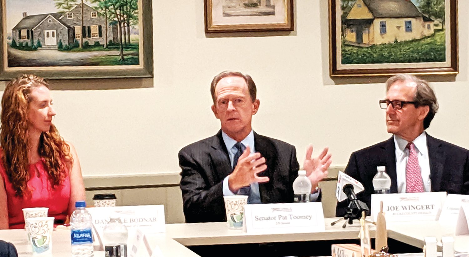 From left, Upper Bucks Chamber of Commerce Executive Director Daniella Bodnar, Pennsylvania Senator Pat Toomey, and UBCC President Joe Wingert.