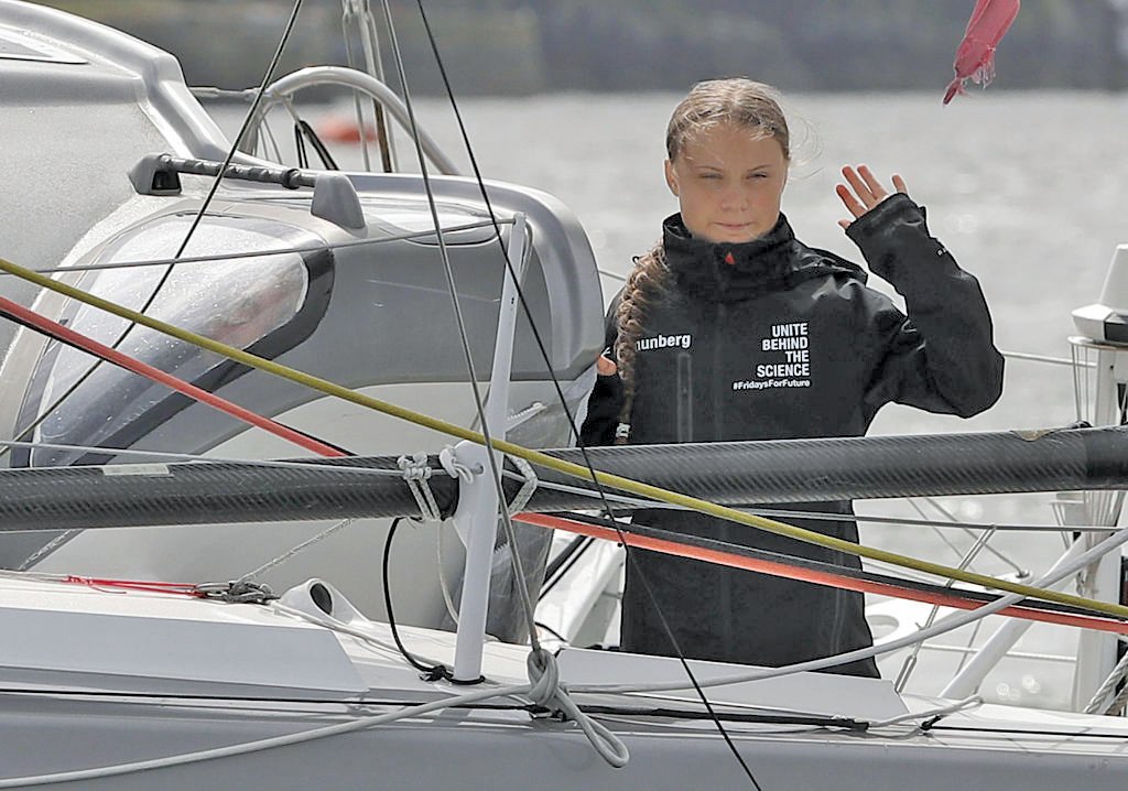Greta Thunberg arrived in New York Harbor last week in advance of appearing at the United Nations building to Join the UN Climate Change Summit Sept. 23. Members of the Citizens Climate Lobby will join a rally there. Photograph from Time.com