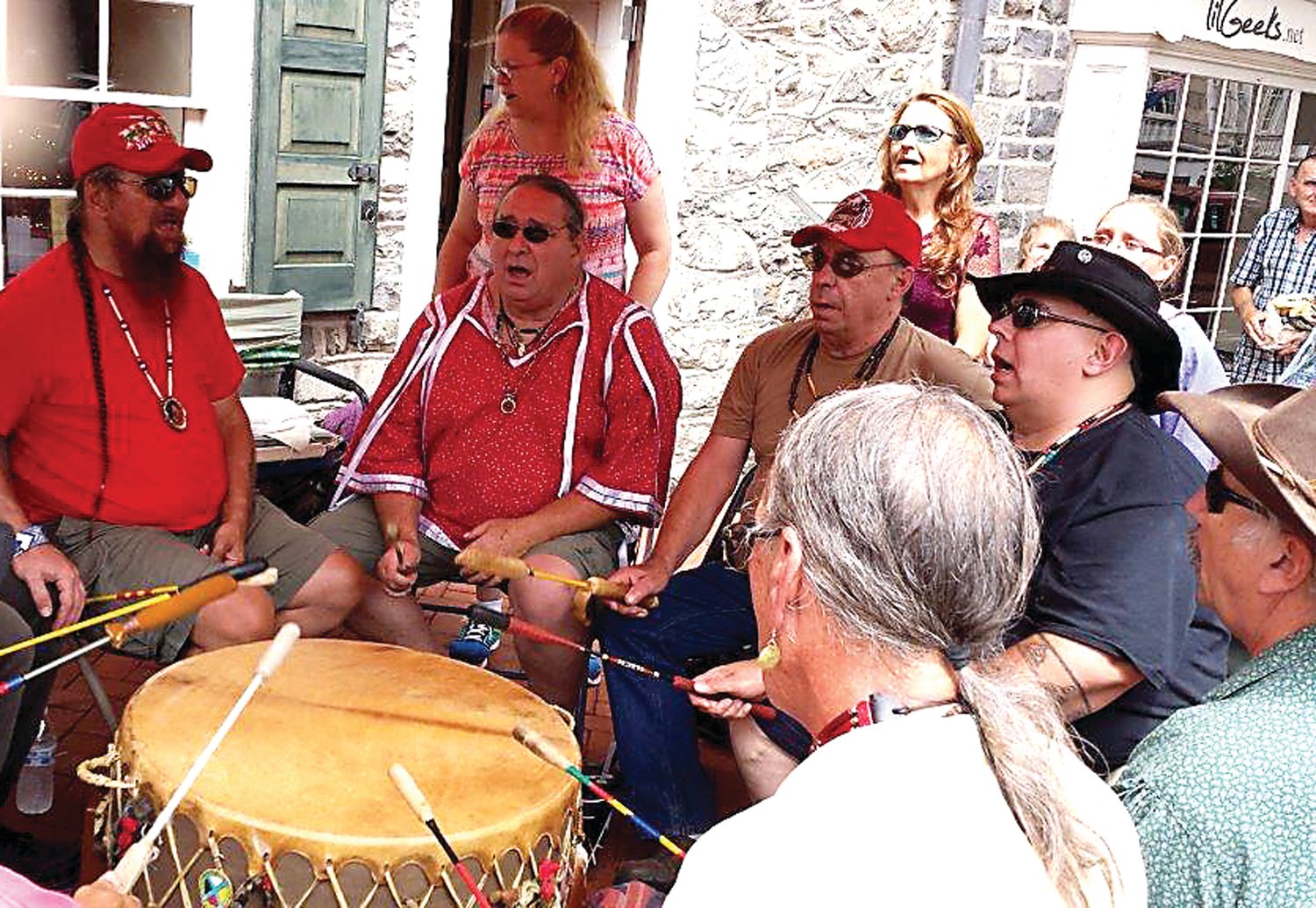 Members of the Lenape Nation of Pennsylvania take part in a Drum Circle Ceremony.