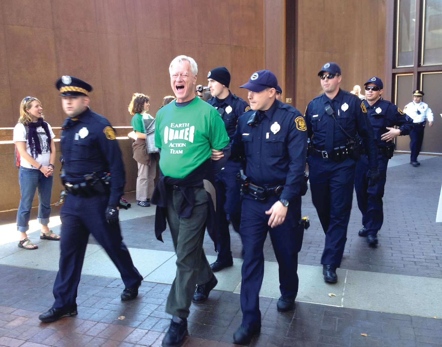 George Lakey, founder with his daughter Ingrid Lakey of Philadelphia’s Earth Quaker Action Team, is arrested at demonstration.