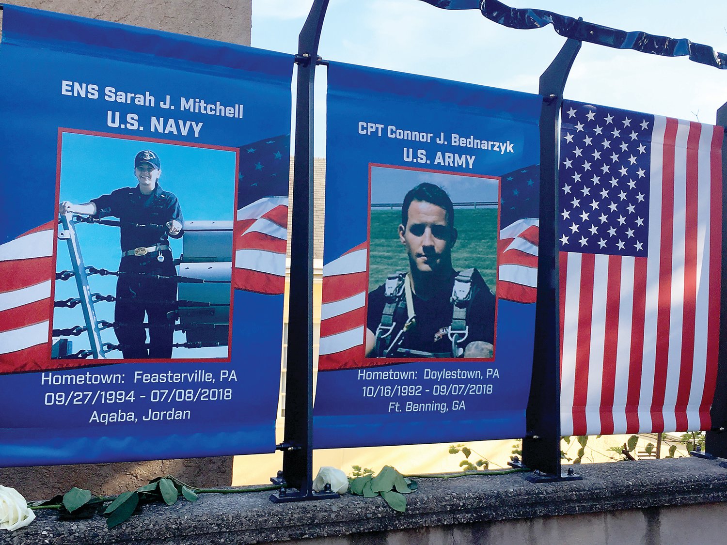 Banners of the fallen heroes were unveiled at a ceremony in Freedom Square in Doylestown on Sept. 20. Photograph by Freda R. Savana.