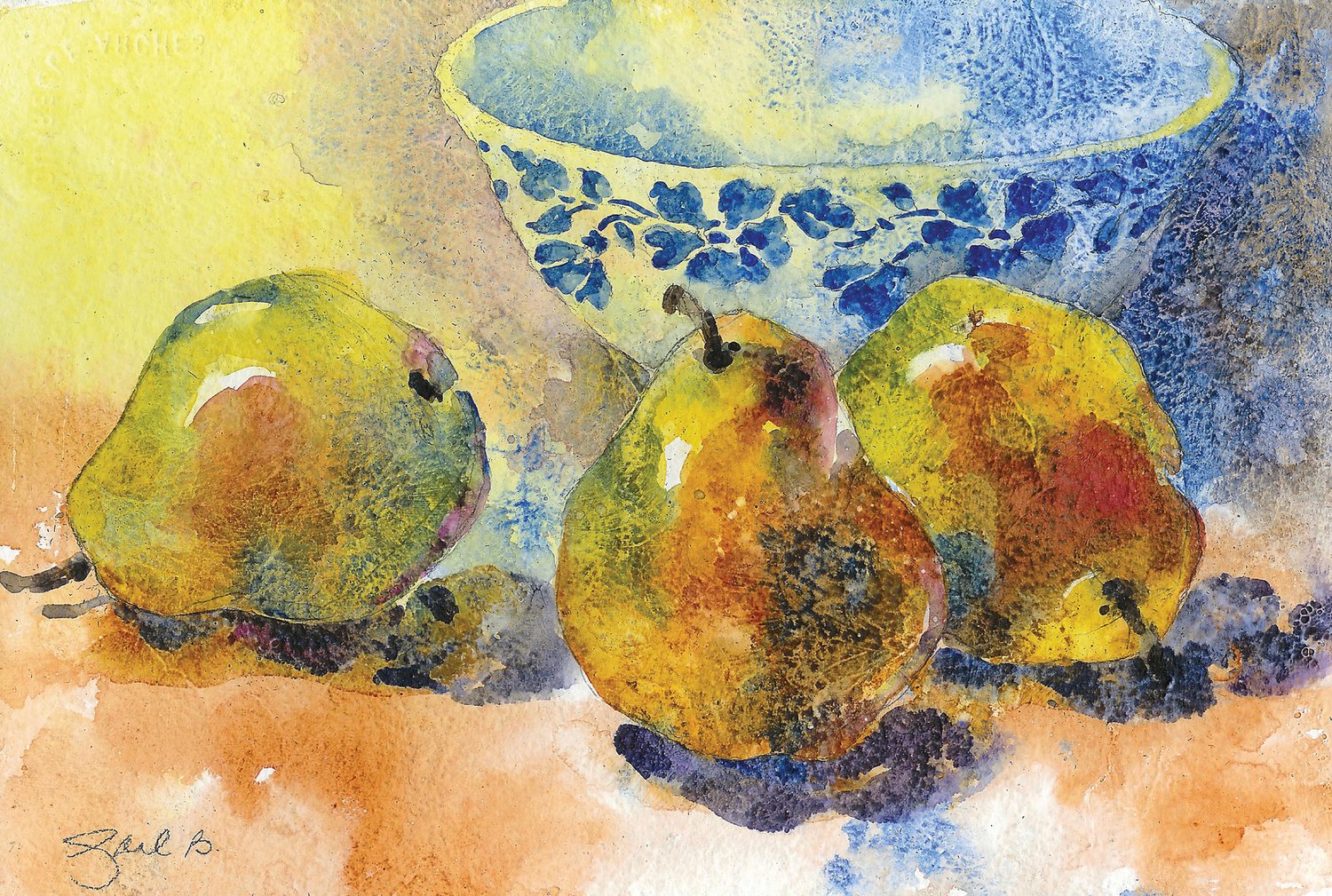 “Pears and Bowl” is a watercolor by Gail Bracegirdle.