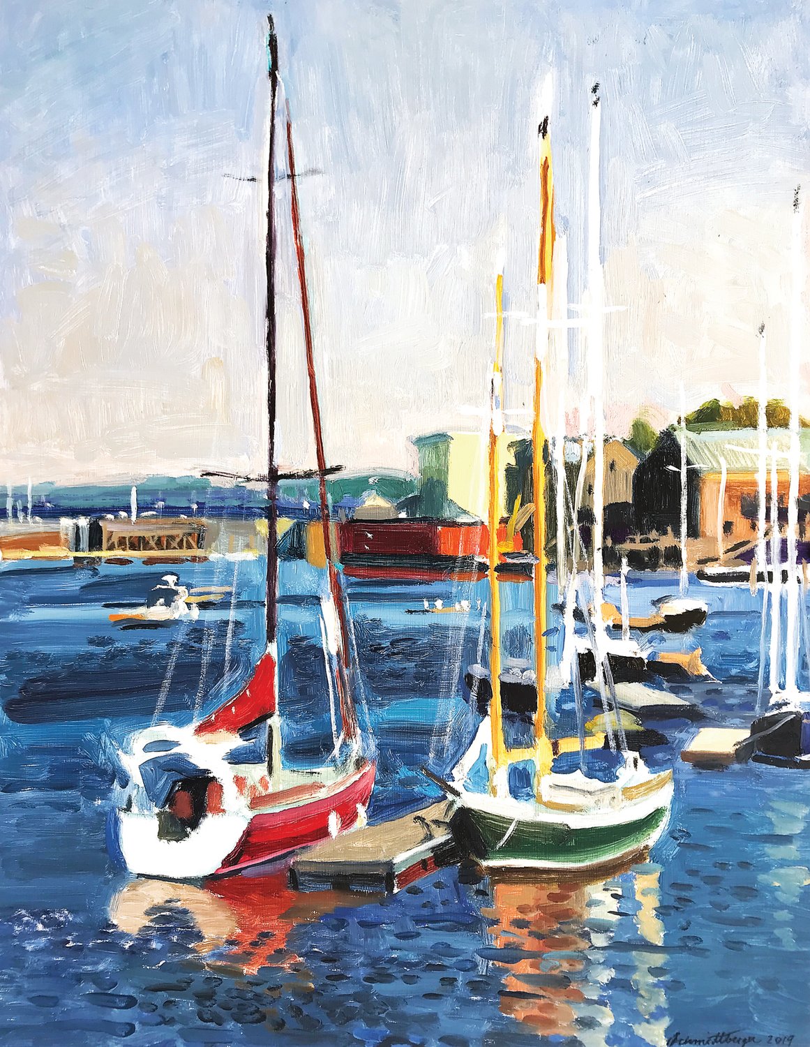 “Belfast Sailboats” is an oil on panel by Frenchtown, N.J., painter John Schmidtberger.