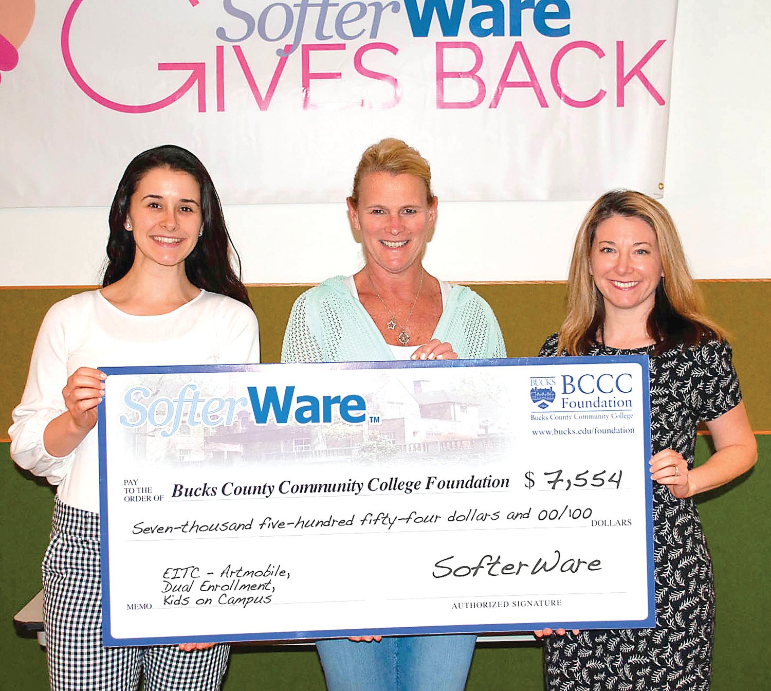 SofterWare Inc. was among several companies that donated to Bucks County Community College through the Educational Improvement Tax Credit Program. Eleanor Stasio, center, SofterWare’s director of implementation, presents the donation to Samantha Walter, left, and Christina McGinley, both with the Bucks County Community College Foundation.