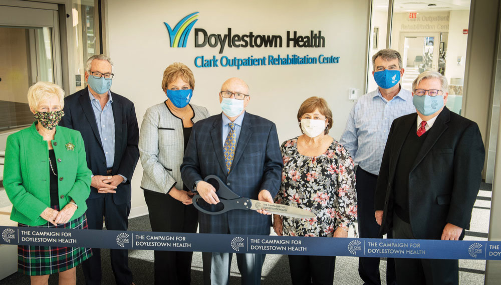 From left: Joan Parlee, chair of the boards for Doylestown Hospital and Doylestown Health Foundation; Dr. Scott Levy, vice president and chief medical officer; Cheryl Talamo, senior executive director of surgical services and Orthopedic Institute; Richard and Angela Clark, Visionary Benefactors and chairs of One Vision: The Campaign for Doylestown Health; John Mitchell, vice president, cardiovascular and surgical services; and James Brexler, president and CEO.