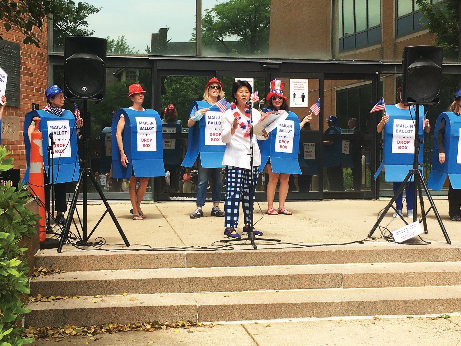 Bonnie Chang, an organizer of Bucks Voices, addresses a supportive crowd on June 2.