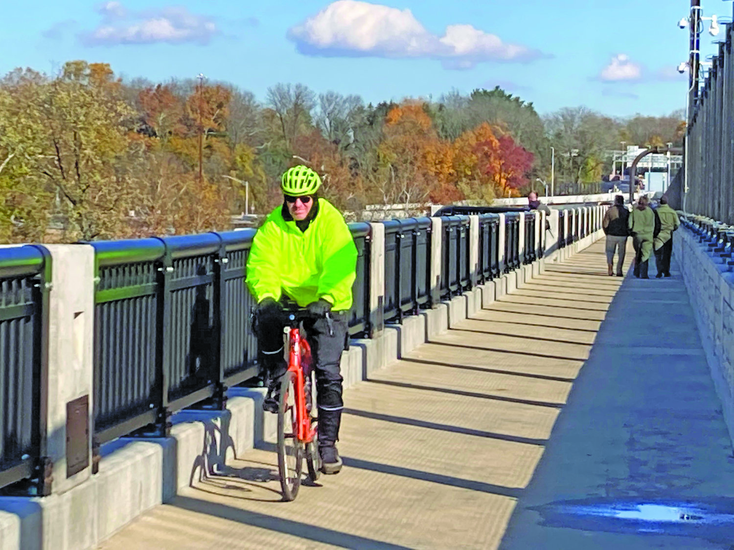A bicyclist is among the first to cross the Delaware River from New Jersey into Pennsylvania on the newly opened Scudder Falls Bridge Shared-Use Path.