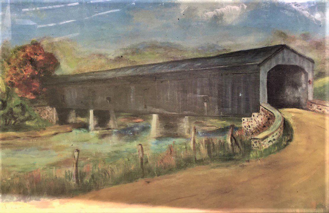 In 1835 the ford was replaced with a covered bridge, the longest in the county, which connected both ends of Almshouse Road (until it was replaced in 1930).
