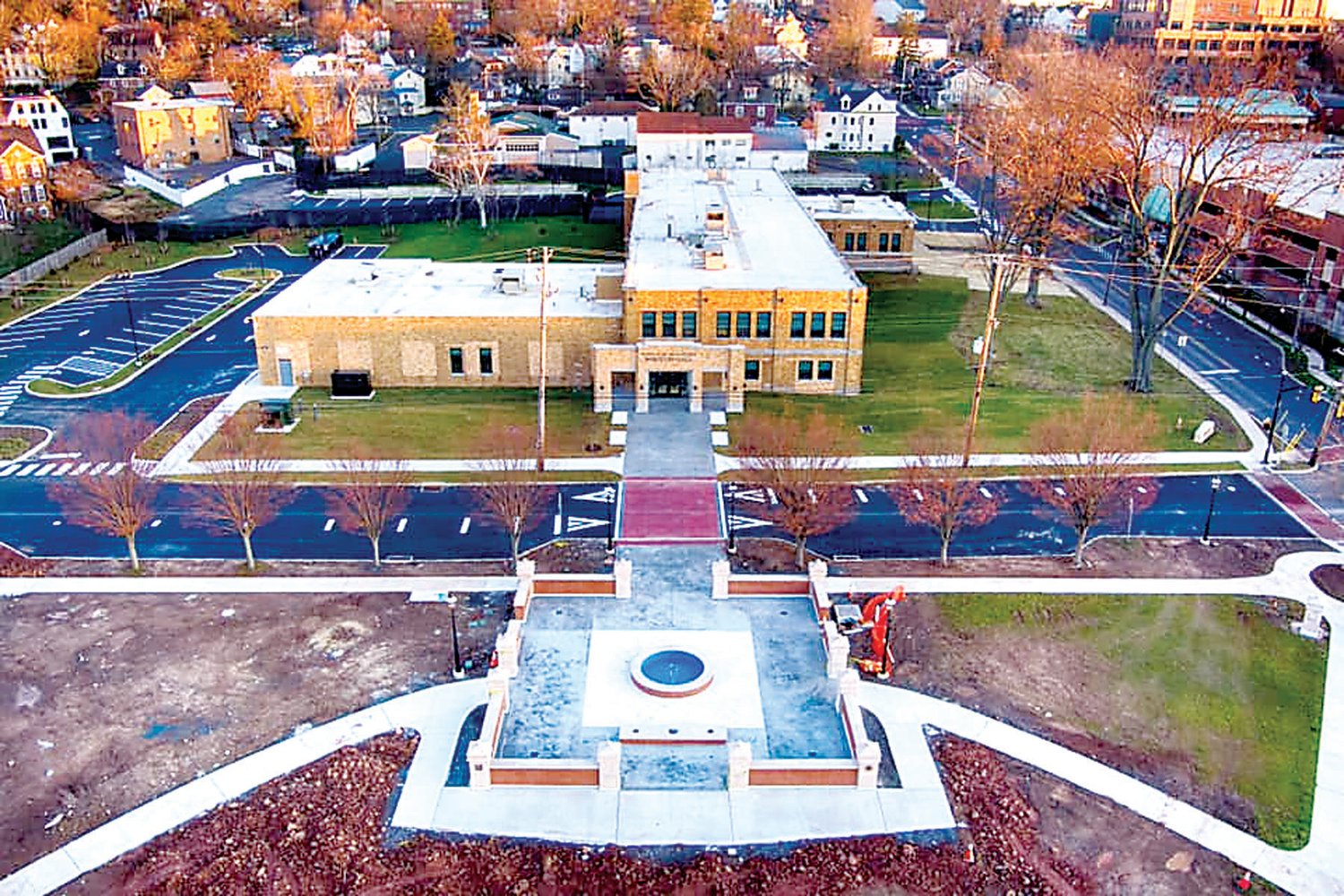 A bird’s eye view of Doylestown Borough’s new borough hall and headquarters for the Central Bucks Regional Police Department on North Broad and Doyle streets. The new facilities are expected to open Jan. 3. The community’s new public park is across the street.