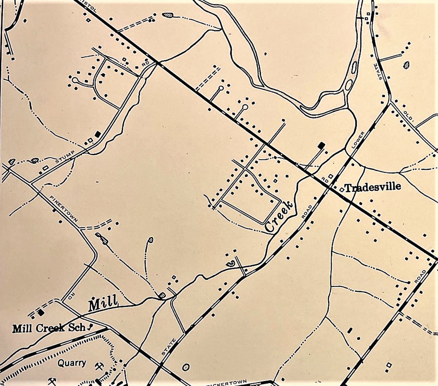 The village of Tradesville grew up at the intersection of Bristol and Lower State roads, between Castle Valley and Eureka, on the Doylestown-Warrington Township line.