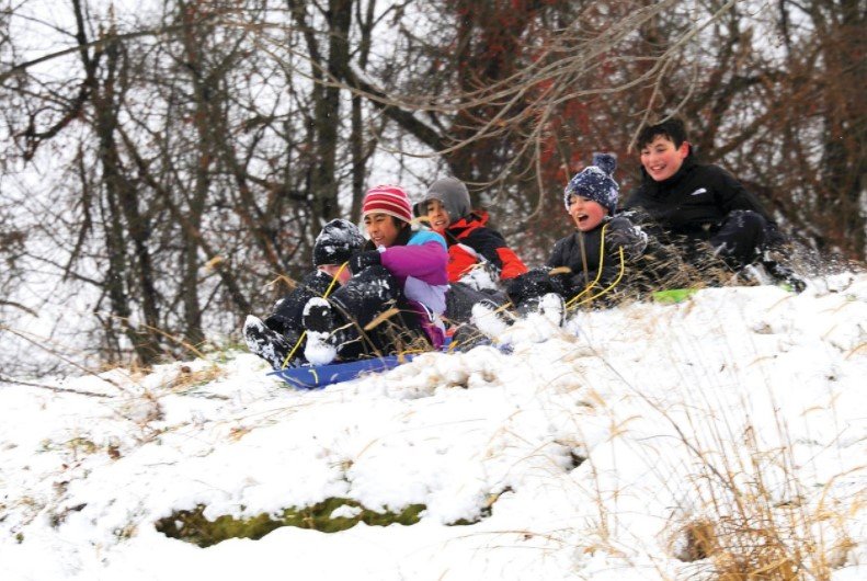 Here sledders on Magill’s Hill in Solebury Township are headed for a tumble before they reach the bottom. 

But that’s just part of the fun.