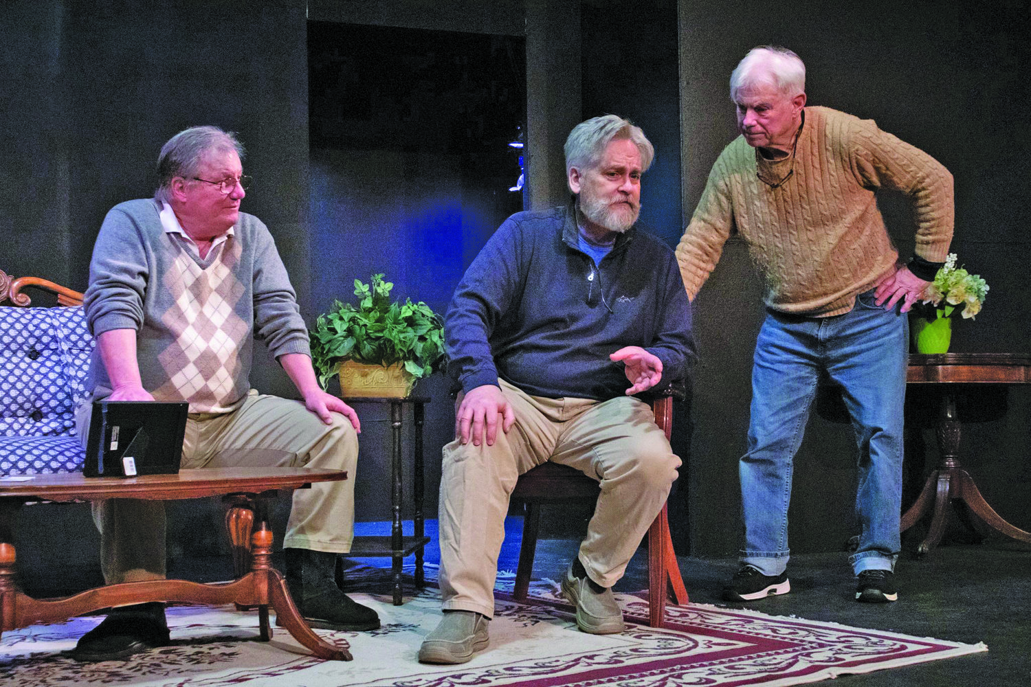 Christopher Canaan, left, George Hartpence and Joey Perillo, reminisce at their 50th high school reunion in the world premier of Cannaan’s play “Reckonings in New Hope.”