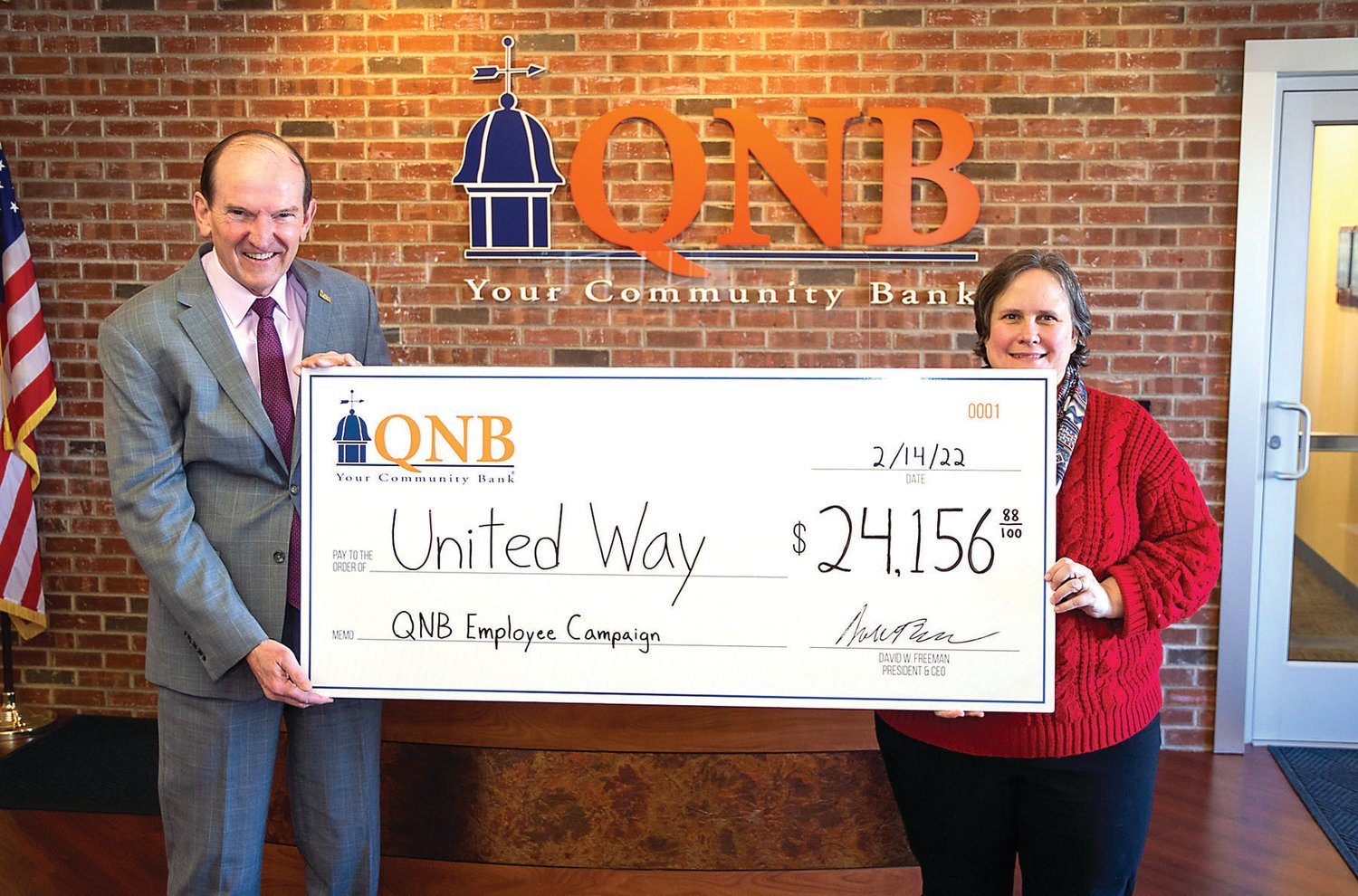Dave Freeman, president/CEO, and Patti Cole, executive assistant of QNB Bank.