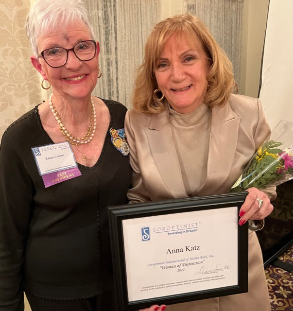Anna Katz, right, president and CEO of Pearl S. Buck International, stands with Soroptimist International of Indian Rock Inc. Past-President Eileen Conner after receiving the Women of Distinction Award.