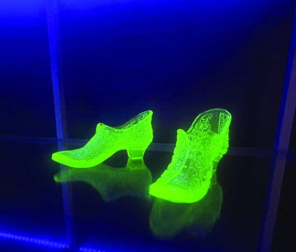 Uranium Glass Slippers on display at the Kemmerer Museum of Decorative Arts.