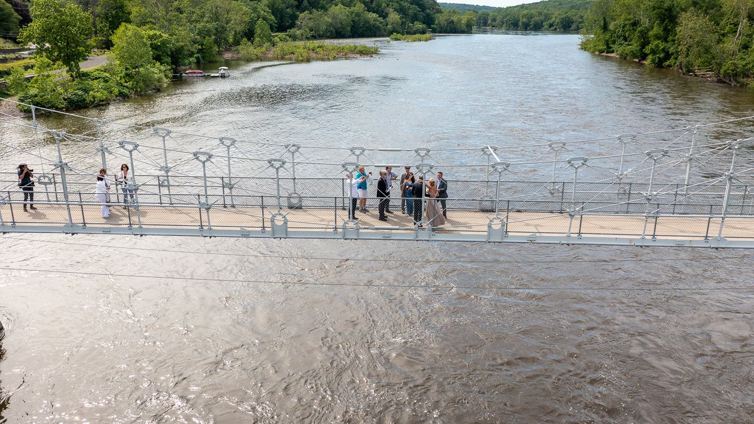 A drone captured the view over the Delaware for a double wedding in Lumberville June 3.
