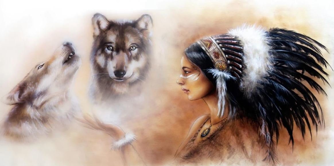 A painting by an uknown artist depicts the Cherokee legend of the two wolves.