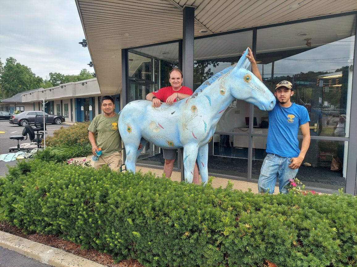 The Herald’s mule has moved to the newspaper’s new office at Easton and Sawmill roads in Plumstead Township. The address is 875 N. Easton Road, Doylestown 18902. Aleas Gomez, left, and Augusto Espinoza, right, from Hugh Marshall Landscape Contractors installed the mule. Quint Meredith, the Herald’s operations manager, is in the center.