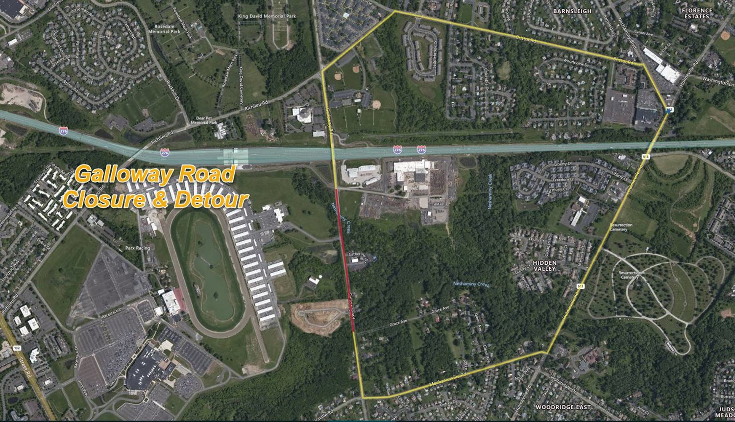 Galloway Road will be closed and detoured over Branch of Neshaminy Creek between Grace Avenue and the Pennsylvania Turnpike (I-276) in Bensalem Township.