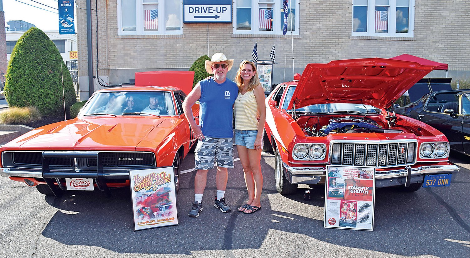 Jim and Laura Cunningham of Quakertown with his General Lee Dodge Charger 1969 and her “Starsky and Hutch” replica Ford Gran Torino 1974.