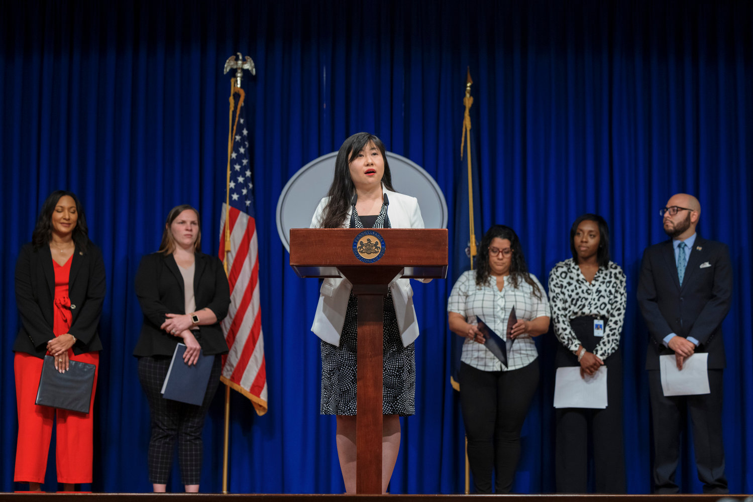 Stephanie Sun, executive director of the Commission on Asian Pacific American Affairs, speaks during a press conference, which highlighted the Wolf Administrations efforts to expand voter access, inside the Capitol Media Center on Tuesday, September 13, 2022.