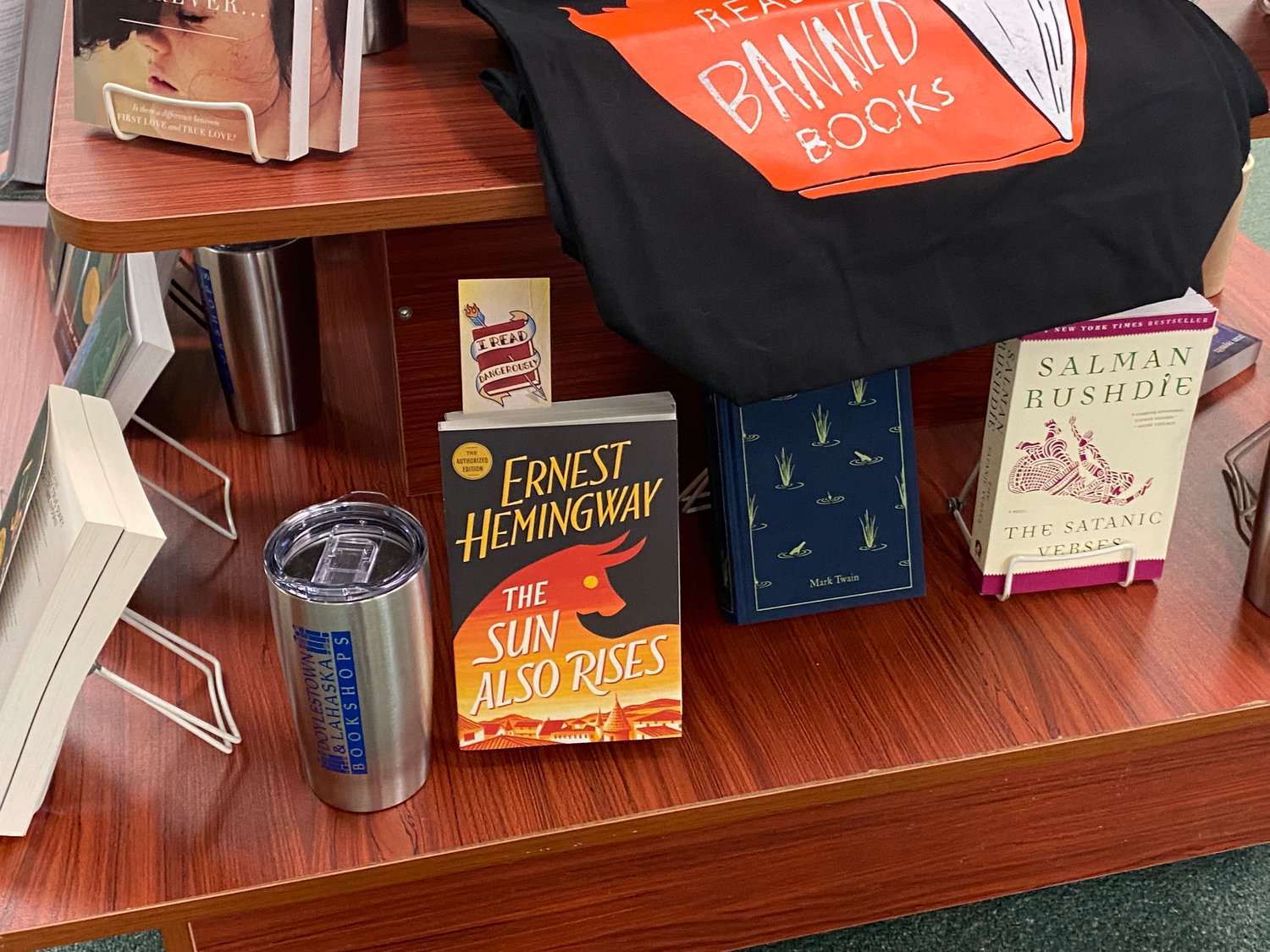 A wide variety of books targeted at adults, including Ernest Hemingway’s The Sun Also Rises, are featured in a display at the Doylestown Bookshop.