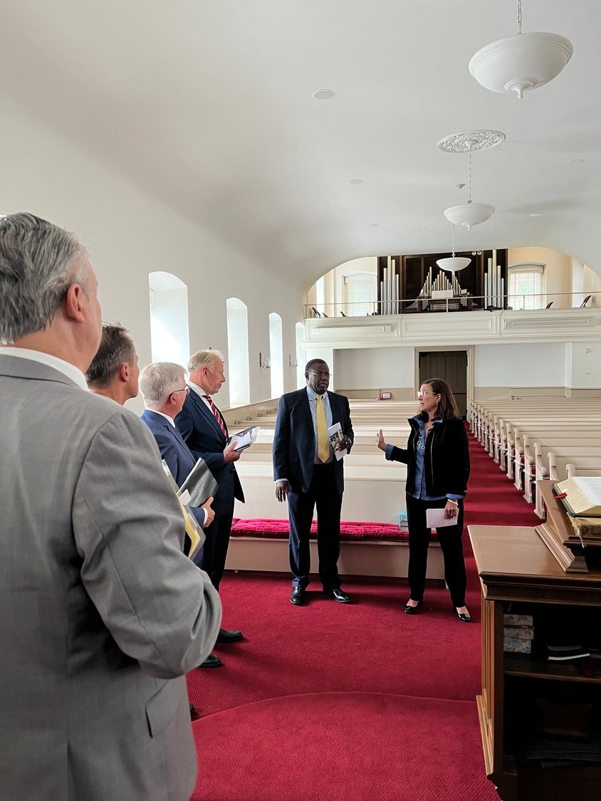 Delegates of the German Bundestag in the Old
Chapel with Bishop Hopeton Clennon and Historic Bethlehem Museums & Sites President and CEO LoriAnn
Wukitsch.