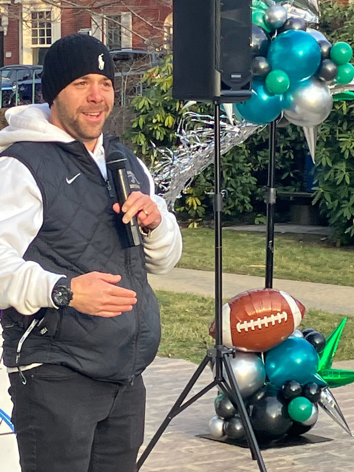 Rob Rowan, Head Football Coach at Central Bucks West, speaks at the pep rally. Birds fans gathered at the Old County Courthouse Lawn at Court and Main streets in Doylestown for “The Herald’s Road to the Big Game Pep Rally” Friday, Jan. 27, 2023.